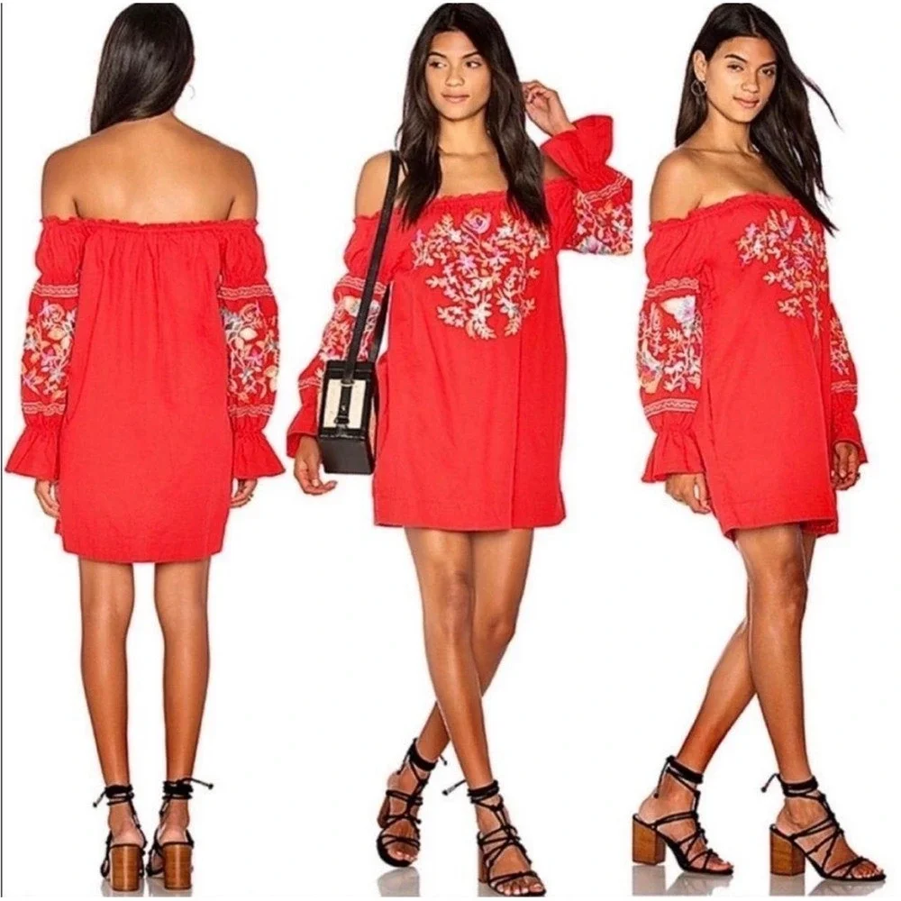 Free People Fleur Du Jour‎ Embroidered Off The Shoulder Mini Dress Cotton Boho L